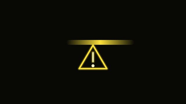 Neon warning sign animation: glowing yellow exclamation triangle symbol on black background, caution alert