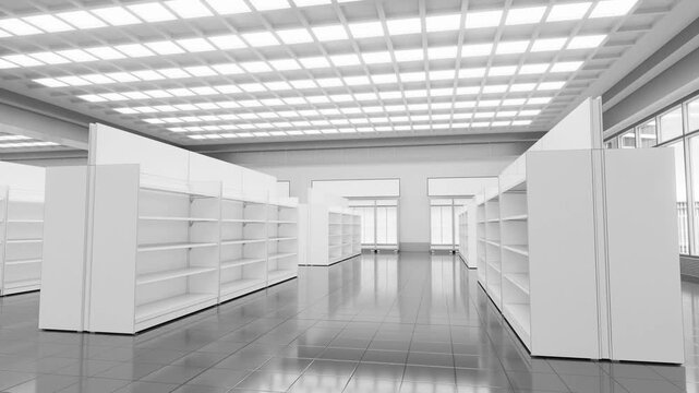 Sliding motion past rows of double-sided gondola display racks in a retail store interior. 3d animation