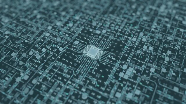 Glowing Microprocessor Routing Data Across a Dense Electronic Circuit Board
