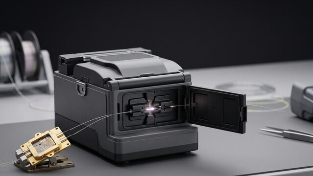 Fiber fusion splicer demonstrating the seamless joining of optical waveguides for a coherent optical transceiver in high speed telecommunication network infrastructure