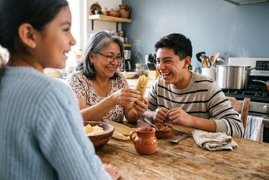 Happy grandmother and grandchildren making traditional tamales together at a wooden kitchen table, laughing and bonding over homemade food