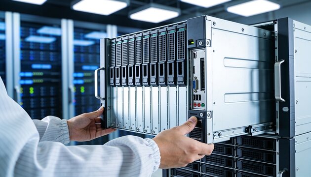 IT technician installing blade server module into rack chassis in modern cloud data center facility, maintaining network infrastructure and big data storage system