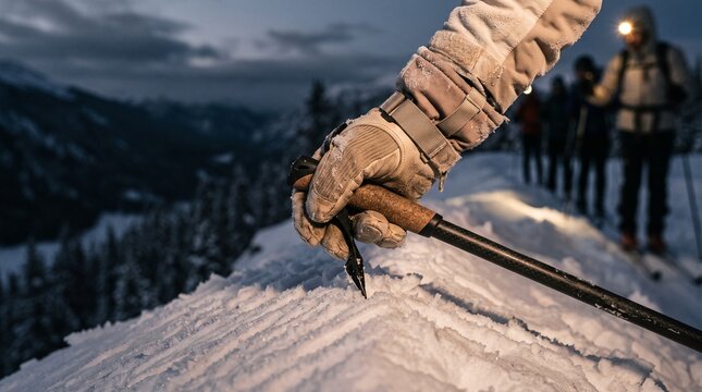 A close-up of a gloved hand gripping a ski pole on a snowy mountain ridge at dusk, with a group of backcountry skiers wearing headlamps in the blurred background