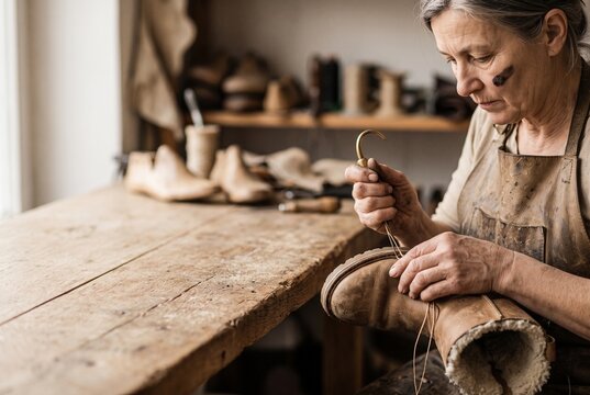 Skilled senior female shoemaker in a leather apron carefully stitching a warm winter boot by hand using traditional tools at a rustic wooden workbench in a cobbler workshop