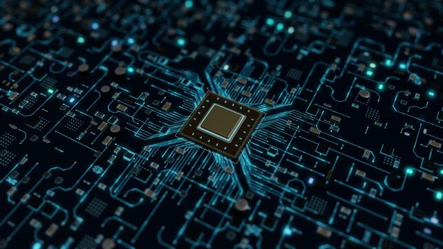 Gold CPU Core Connected to Neon Blue Motherboard Circuits