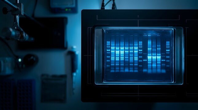 Blue Glowing Gel Electrophoresis Analysis in Scientific Laboratory