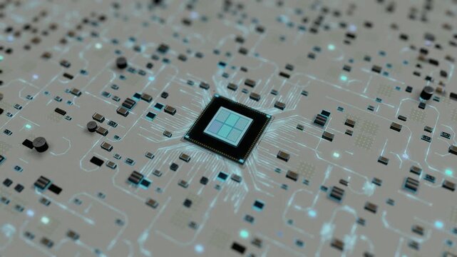 Modern AI Microprocessor on a White Motherboard with Luminous Cyan Circuits
