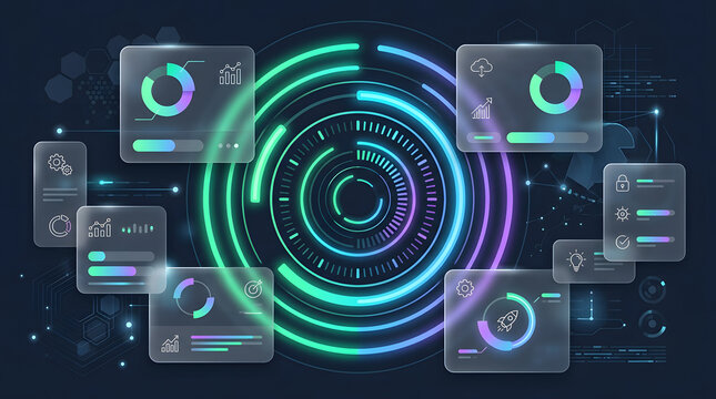 Futuristic digital dashboard with glowing tech interface