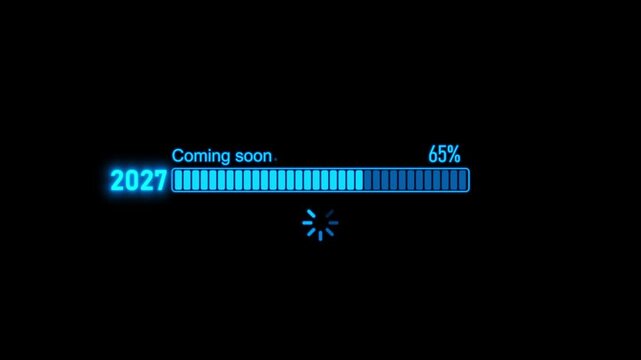 A glowing blue digital progress bar loading from the year twenty twenty seven to twenty twenty eight with a spinning circular loading icon animation.