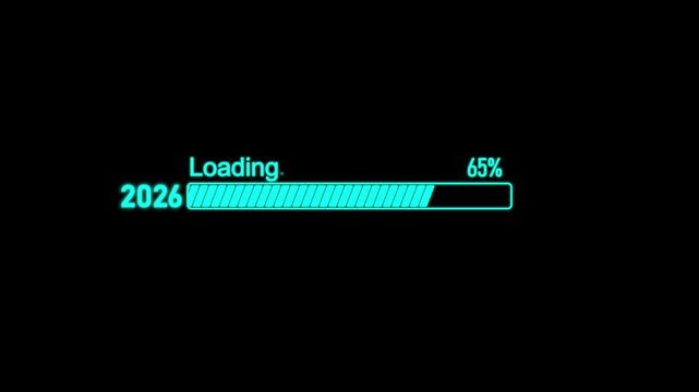 A glowing blue digital progress bar loading from the year twenty twenty seven to twenty twenty eight with a spinning circular loading icon animation