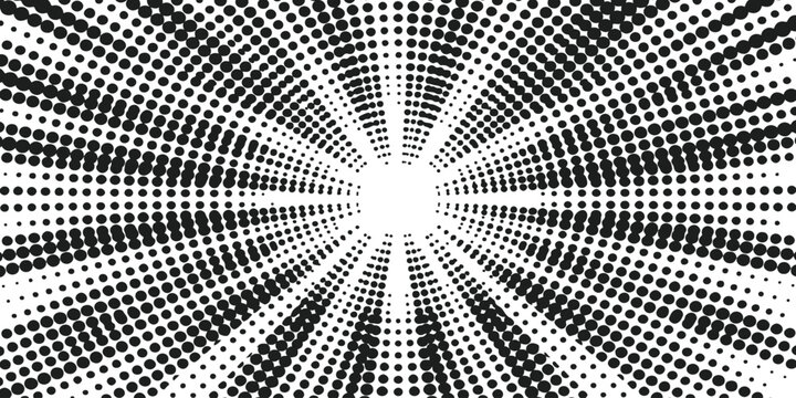 Black and white halftone radial pattern with circles radiating from the center