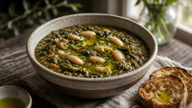 Tuscan ribollita, thick bread and cavolo nero soup with cannellini beans in a rustic ceramic bowl with new olive oil and toasted bread