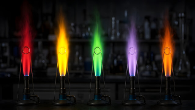 Chemistry flame test with Bunsen burner flames in red, yellow, green, lilac and orange showing metal ion colors
