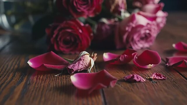 Roses in a clear vase wilt over time as petals fall and collect across a wooden table indoors