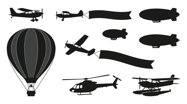 Collection of black vector silhouettes featuring vintage aircraft airships hot air balloons and helicopters