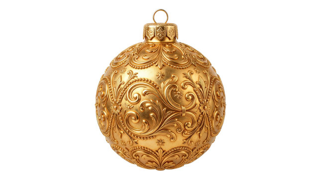 Christmas bauble, photorealistic ornate gold spherical ornament with intricate embossed patterns, highly detailed metallic relief and luxurious traditional festive finish, front three-quarter view,