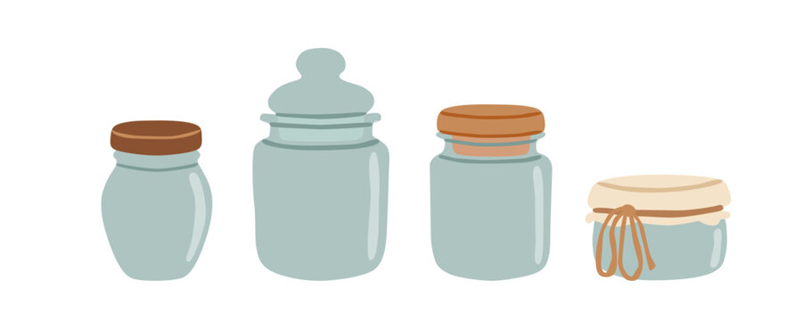 Glass jars set with assorted lids for kitchen pantry food storage and meal prep organization, cute flat vector illustration isolated on white background.