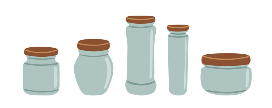 Set of empty glass jars with screw lids for kitchen pantry food storage and meal prep organization, cute flat vector illustration isolated on white background.