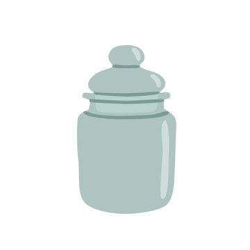 Empty glass jar with decorative closed lid for kitchen food storage and canning pantry organization, cute flat vector illustration isolated on white background.