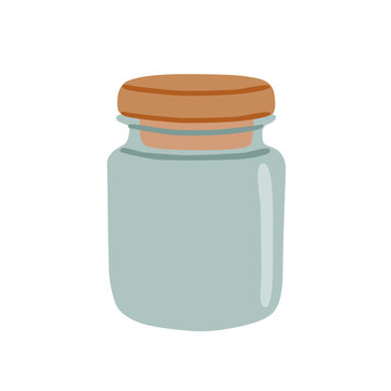 Empty glass jar with wooden cork lid for kitchen food storage and pantry organization, hand drawn flat vector illustration isolated on white background.