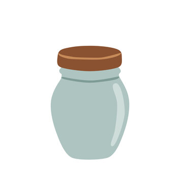 Round empty glass jar with brown lid for kitchen spices food storage and pantry organization, cute flat vector illustration isolated on white background.