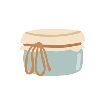 Small empty glass jar covered with fabric lid and tied with twine rope for kitchen canning, cute flat vector illustration isolated on white background.