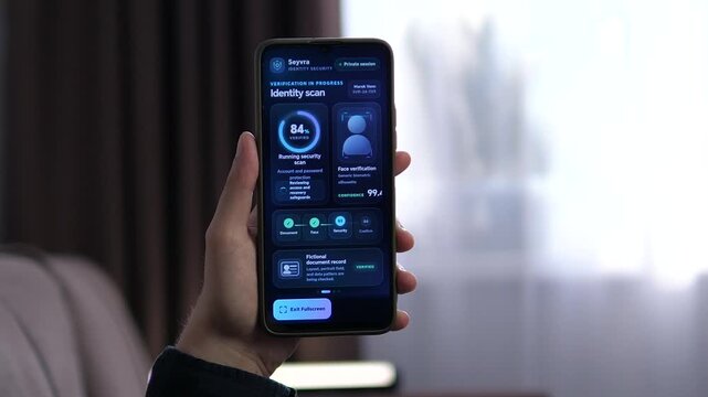 Person holds a smartphone running a digital identity verification scan with biometric face matching, highlighting cybersecurity, secure authentication and fraud prevention.