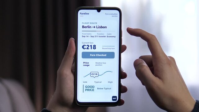 Traveler checks a Berlin to Lisbon flight fare on a smartphone, comparing price range and current ticket cost as digital tools reshape airfare planning and budget travel.