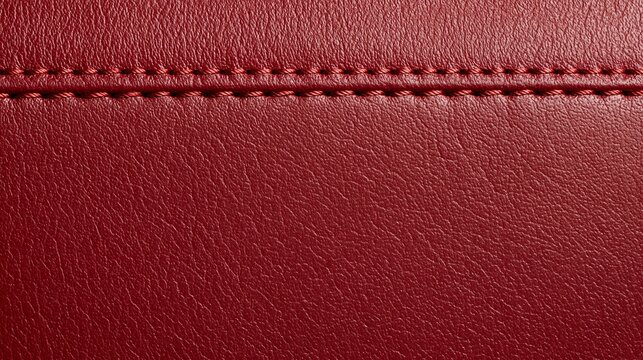 Burgundy leather texture with fine grain and parallel double stitching across a rich red surface, detailed macro material background for upholstery and fashion design