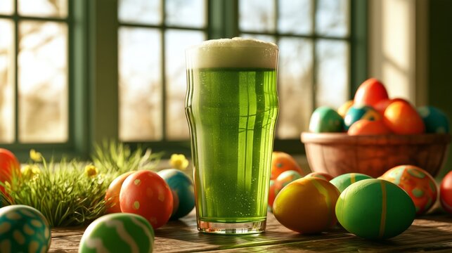Glass of green beer with painted Easter eggs on a table by a sunny window