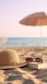 Straw hat and book on beach