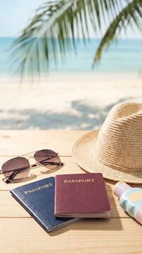 Passports and sunglasses on table