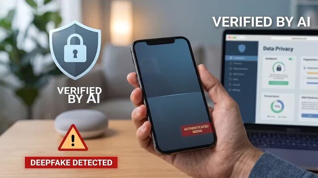 Phone showing deepfake warning