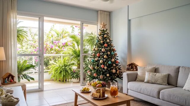 Christmas tree by open balcony