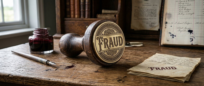 Vintage Stamp Fraud on Desk with Inkwell and Documents Concept of Deception and Forgery