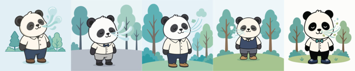 A set of cute panda vectors, standing and breathing in the fresh air in the middle of a forest. © Jefri Syahputra BKL