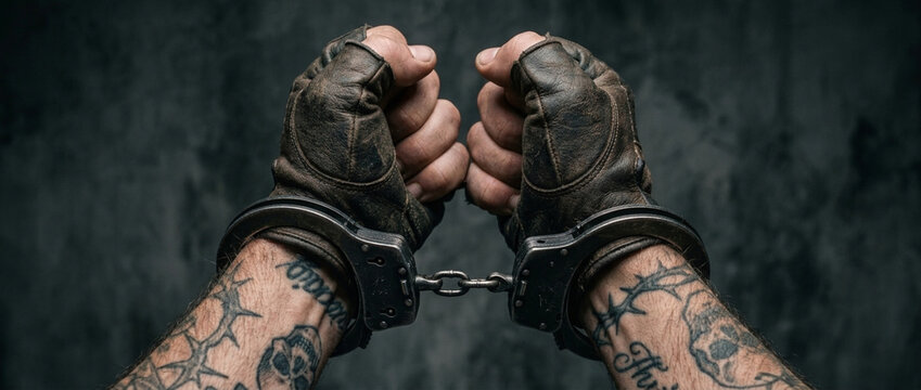 Tattooed Hands in Leather Gloves and Handcuffs Against Dark Smoky Background
