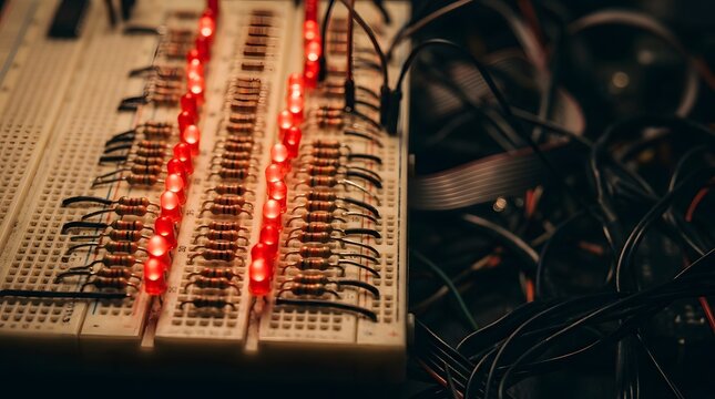 Glowing red led lights and resistors on an electronic breadboard