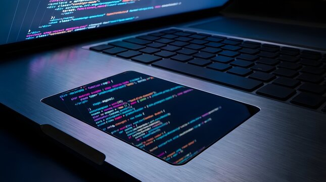 Laptop computer showing programming code on screen and trackpad in dark room