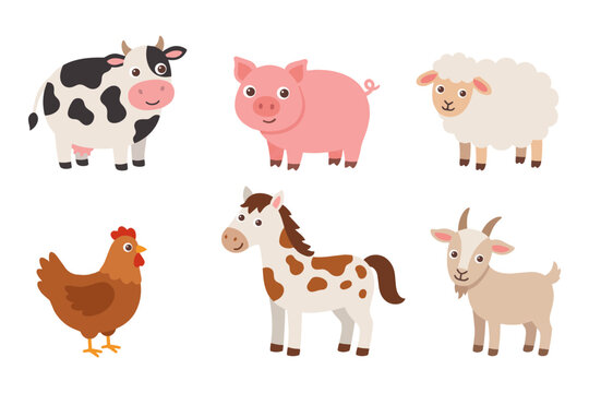 Cute farm animal set. Livestock animals. Cartoon cow, pig, sheep, chicken, horse and goat isolated on white background. Flat vector illustration.
