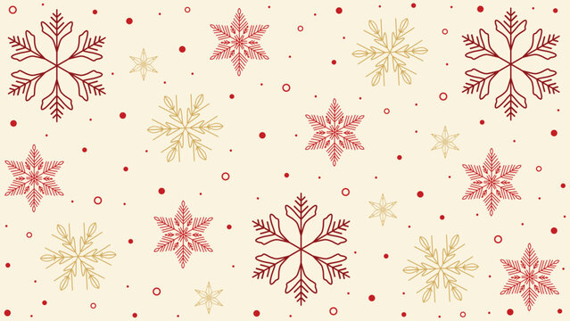 Festive christmas background with branched red and gold line art snowflakes pattern on light cream background