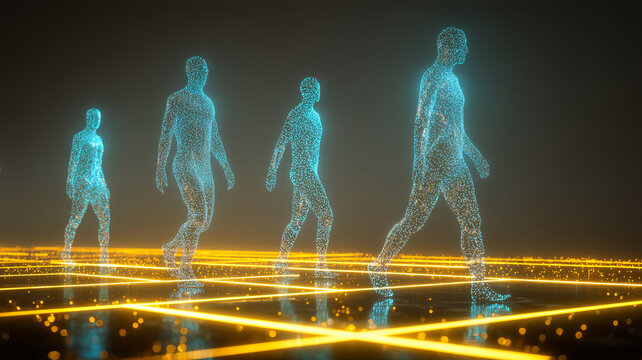 Digital human silhouettes walking across an illuminated network illustrate virtual identities and the growing integration of people into connected environments