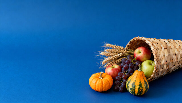 Cornucopia with autumn harvest with copy space on blue background