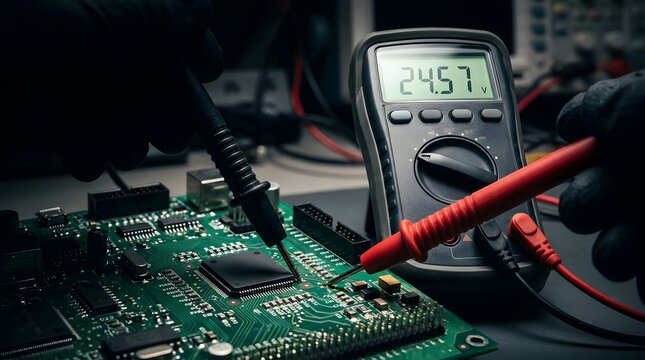 Technician testing green circuit board with digital multimeter probes