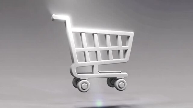 White shopping cart rotating slightly while catching a gleaming flare of light over studio background in 3d