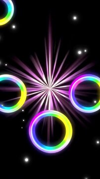 Glowing neon rings floating in dark digital space with shining purple starburst rays and sparkles background