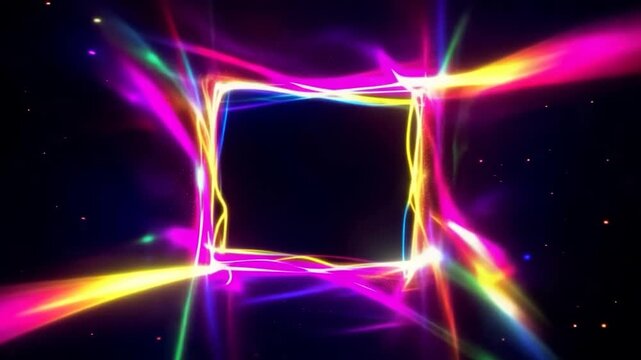 Glowing neon energy frame emits vibrant colorful beams creating dynamic geometric light effect in dark space