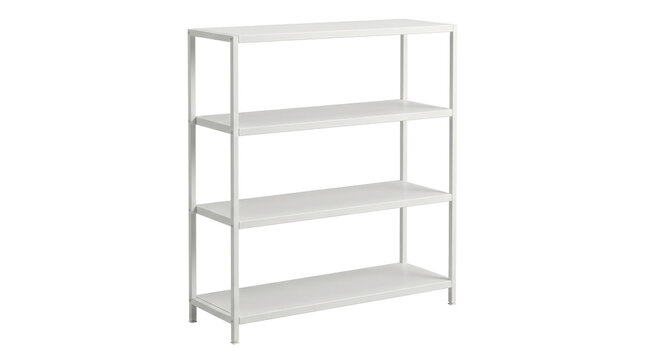 Four-tier white metal shelving unit with slim powder-coated frame, evenly spaced rectangular shelves, clean geometric proportions, and modern minimalist storage design, photorealistic furniture