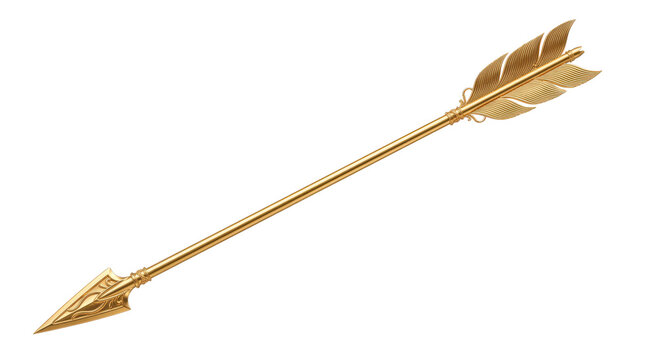 Golden arrow, photorealistic slender decorative arrow with polished metallic gold shaft, sharply defined arrowhead and elegant feathered tail design, slight diagonal view, tack-sharp focus,