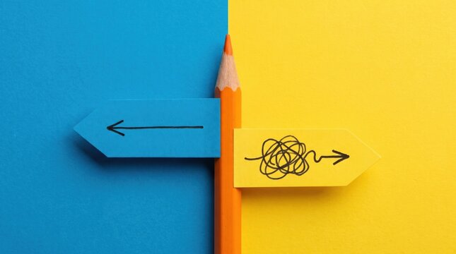 Orange pencil standing upright between blue and yellow paper backgrounds with two directional arrow signs pointing left with a straight line and right with a tangled scribbled line